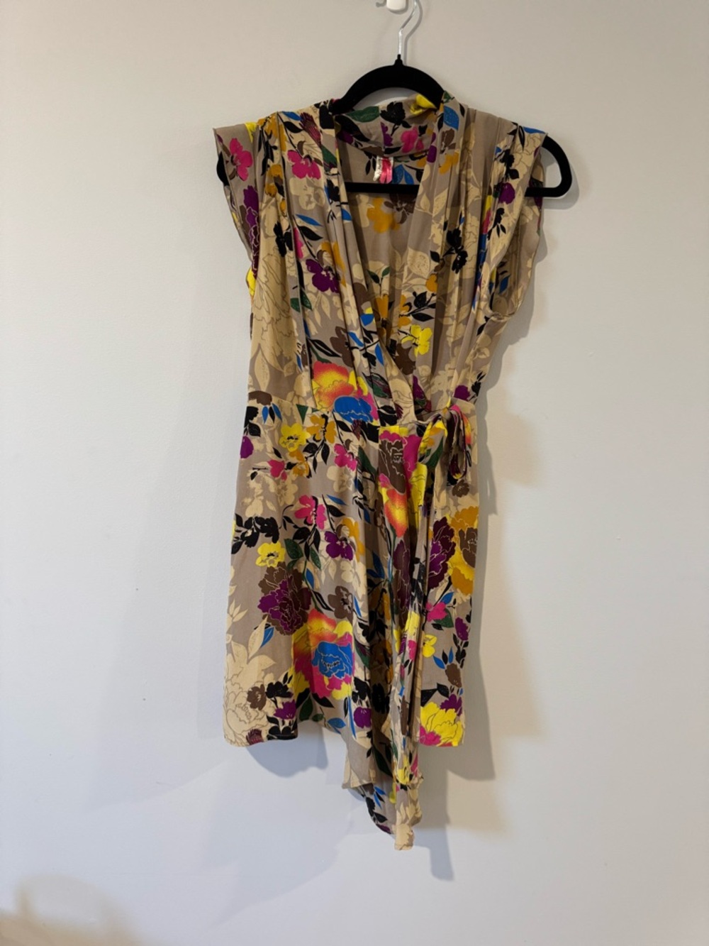 Pinkerton Silk Floral Beige Wrap Midi Dress with Multicolor Blooms